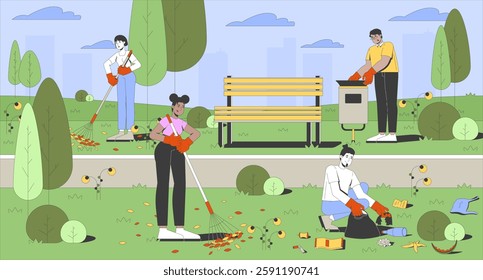 Public park cleanup volunteers flat illustration. Community service. Removal litter. Diverse people picking up trash and raking leaves 2D characters cartoon background. Colorful scene vector art image