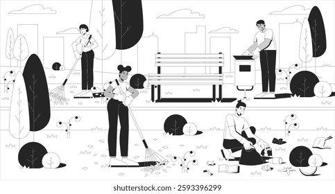 Public park cleanup volunteers line illustration. Community service. Removal litter. Diverse people picking up trash and raking leaves 2D ink linear characters monochrome. Flat outline vector image