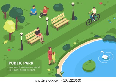 Public park concept banner with characters. Can use for web banner, infographics, hero images. Flat isometric vector illustration.