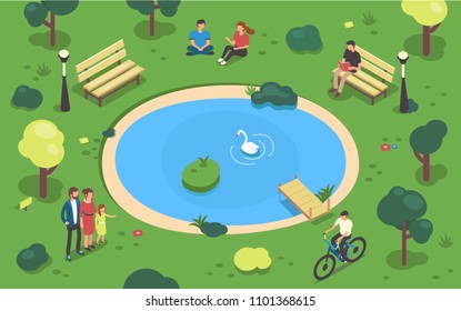 
Public park concept banner with characters. Can use for web banner, infographics, hero images. Flat isometric vector illustration.