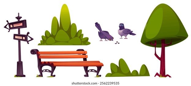 Public park elements set - wooden bench, direction signpost, green tree, decorative bushes, pigeons eating seeds. Collection of cartoon objects for outdoor recreation space and city environment design