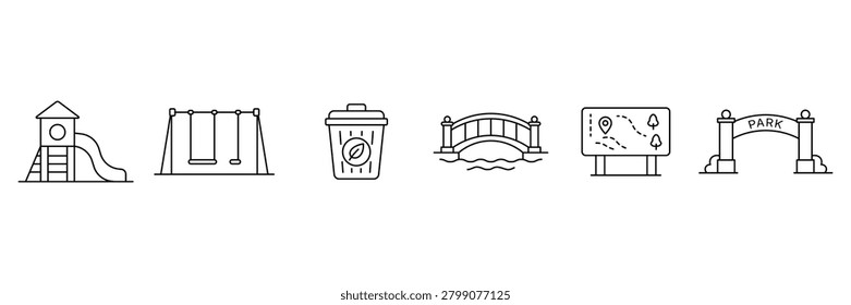 Public park featuring playground slide, swing set, trash bin, bridge, informational map board, and entrance arch gate.