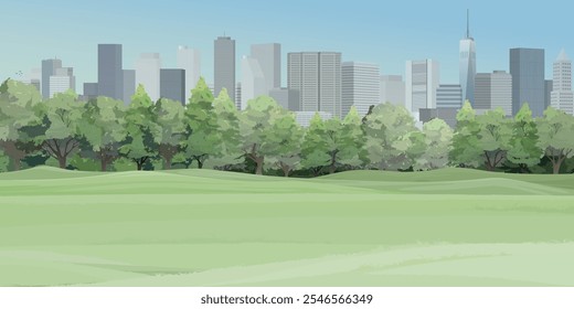 Public park with grass field in the city have skyscrapers and blue sky background graphic illustration.