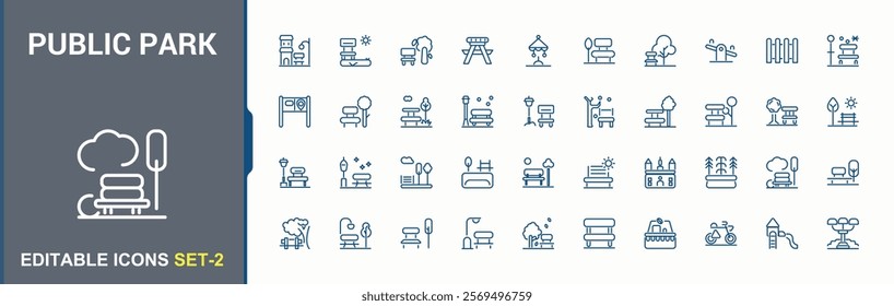 Public Park icon collection. Featuring city, travel, lake, food, town, flower, house, style. Collection for mobile and web apps. Minimalist editable stroke.