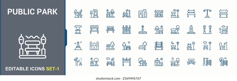 Public Park icon collection. Featuring city, travel, lake, food, town, flower, house, style. Collection for mobile and web apps. Minimalist editable stroke.