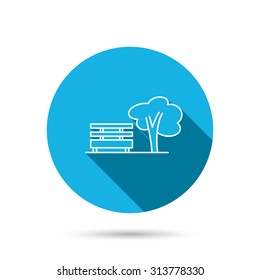 Public park icon. Tree with bench sign. Blue flat circle button with shadow. Vector