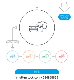 Public park icon. Tree with bench sign. Line circle buttons. Download arrow symbol. Vector