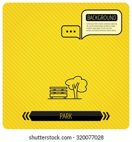 Public park icon. Tree with bench sign. Chat speech bubbles. Orange line background. Vector