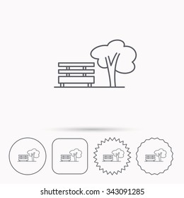 Public park icon. Tree with bench sign. Linear circle, square and star buttons with icons.