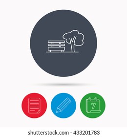 Public park icon. Tree with bench sign. Calendar, pencil or edit and document file signs. Vector