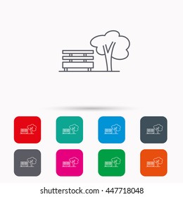 Public park icon. Tree with bench sign. Linear icons in squares on white background. Flat web symbols. Vector