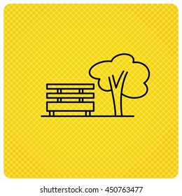 Public park icon. Tree with bench sign. Linear icon on orange background. Vector
