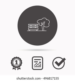Public park icon. Tree with bench sign. Report document, winner award and tick. Round circle button with icon. Vector