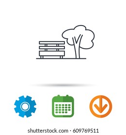 Public park icon. Tree with bench sign. Calendar, cogwheel and download arrow signs. Colored flat web icons. Vector