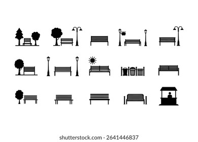 "Public Park Icons Collection – Benches, Trees, Lamp Posts, Sun, Vendor Stalls, and Playground Elements"

