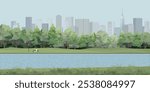 Public park with lake in the city have skyscrapers and blue sky background graphic illustration.