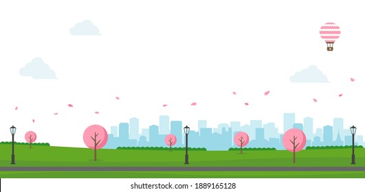 Public park landscape vector illustration. Spring season. Cherry blossoms.