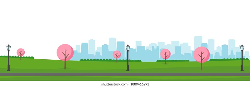 Public park landscape vector illustration. Spring season. Cherry blossoms.