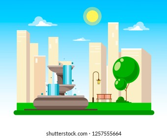 Public  park with a large fountain  on the background of skyscrapers. Cartoon illustration in flat style