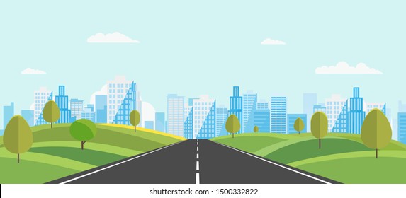 Public park with main street to city and sky background.Beautiful nature scene with town and hill.Vector illustration.Road with urban.cityscape and nature scene