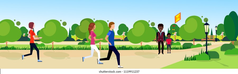 public park mix race people relax wooden bench outdoors running green lawn trees on nature template background flat banner vector illustration