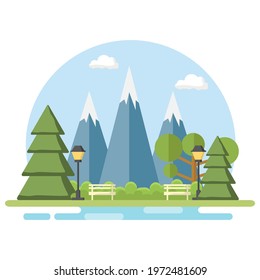 Public park with mountain view. Rural landscape. Vector illustration.