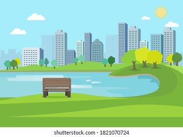 Public park nature landscape with city background.Nature scene with bench in city.Lake in town.Urban with spring meadow.Lake Park Summer.Vector illustration