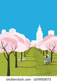 Public park outdoors leisure activity. Bloooming cherry trees in city garden background. Bicyclist girl relax under sakura blossoms on park alley. Colorful vector cartoon town lifestyle illustration