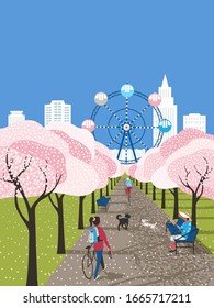 Aparcamiento público al aire libre. El fondo del jardín urbano de cerezos florecientes. Bicíclista, chica se relaja en el callejón de las flores sakura del parque de la ciudad. Dibujo del estilo de vida de la ciudad con vectores Springtime