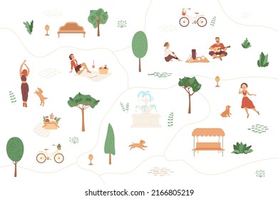 Public park. People on picnic, walking with dog, girl is dancing, reading, guy is playing the guitar. Fountain, benches, map with paths. Outdoor lunch, weekend. Vector illustration, white background