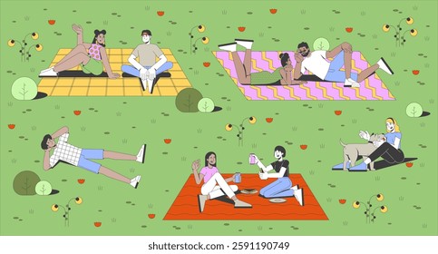 Public park picnic gathering flat illustration. Friendship bonding. Multicultural people chatting, relaxing, playing with dog 2D characters cartoon background. Colorful scene vector art image