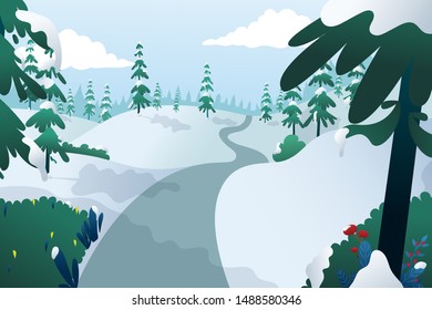 Public Park with pine in Winter. Background of cartoon style, EPS 10 vector.