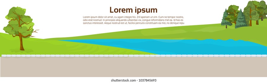 Public Park River Or Lake, Green Lawn And Trees On Template Background Horizontal Banner Flat Vector Illustration