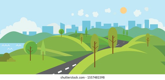 Public park with river and road to city.Vector illustration.Cartoon nature scene with hills and trees.Nature landscape with urban with sky background