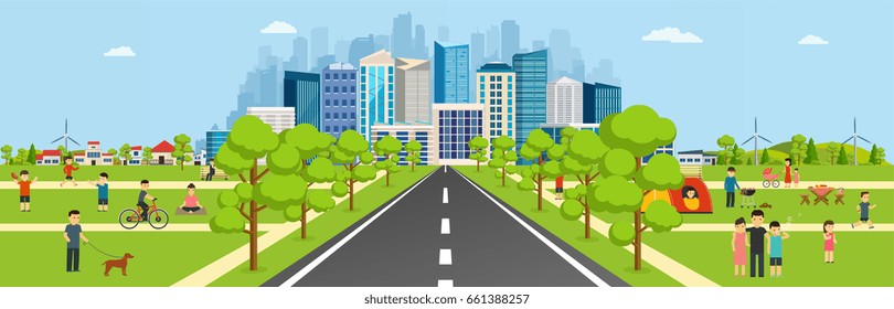 Public park with a road leading to a modern big city with skyscr