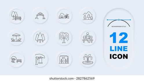 Public park set icon. Bench, entrance sign, cycling lane, mountain scenery, recreation umbrella, willow, visitor seating, restroom, fountain, playground, landscape.
