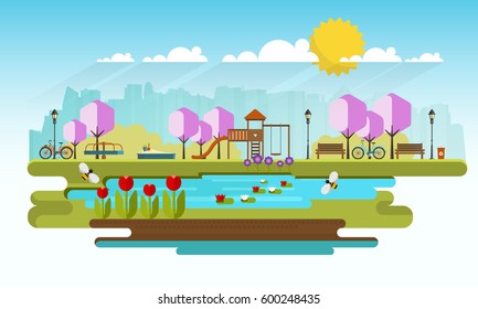 Public park in Spring Season. Vector Flat illustration.