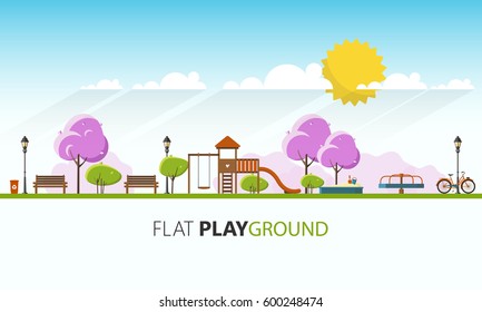 Public park in Spring Season. Vector Flat illustration.