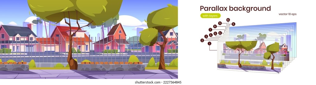 Public park in suburb district with green trees and benches. Summer landscape with garden and suburban street with houses behind fence, vector cartoon parallax background ready for 2d animation