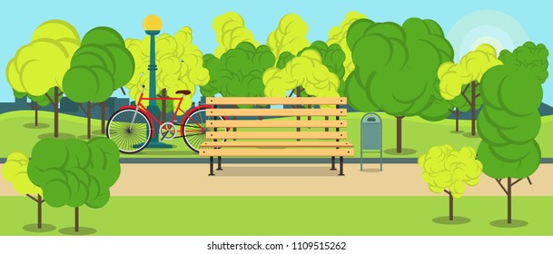 Public park summer flat illustration landscape design. Relax tourism cartoon banner clipart. Walkway scenery clean field. Outdoor urban horizon nature area. Healthy lifestyle recreation background. 