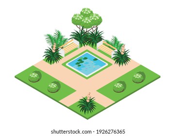 Public park with trees, bushes, paths and a pond in isometric view. Vector illustration on white background