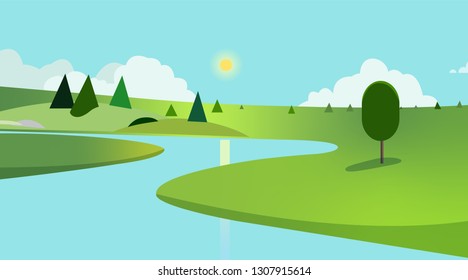 Public park with trees and sky background design.Landscape view river with park and skyscrapers Vector. Beautiful fields landscape with a dawn, green hills, pond and bright color blue sky, backgroud
