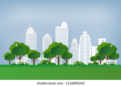 Public Park in urban city. Eco friendly with green tree and grass. World environment concept. 