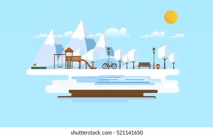 Public park in Winter. Abstrract Vector Flat illustration. 
