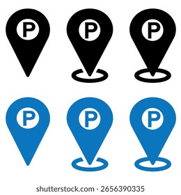 Icono de Vector de estacionamiento público. Conjunto de iconos de estacionamiento. Símbolo de estacionamiento público y ubicación de estacionamiento