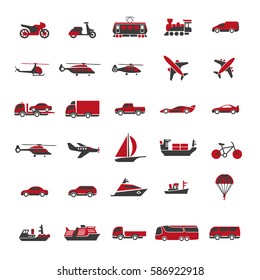 Public passenger and freight transport icons. Transportation and travel vehicles of bus and car, airplane, railway train or tram, and ship