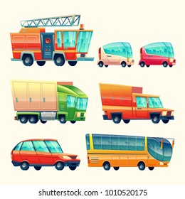 Public passenger transport cars and vehicles vector cartoon icons. Isolated flat colorful fire engine, travel coach and tourist bus and urban minivan, heavy loader truck and car or wagon van