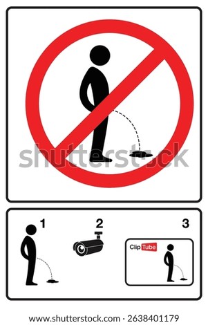 Public peeing prohibition sign with camera symbol. Prohibition of urination. Eps 10 vector illustration.