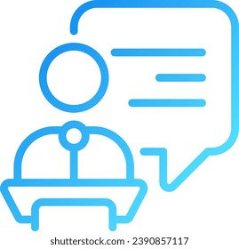 Public performance pixel perfect gradient linear vector icon. Person with speech bubble at podium. Speaking to audience. Thin line color symbol. Modern style pictogram. Vector isolated outline drawing