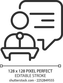 Public performance pixel perfect linear icon. Person with speech bubble at podium. Speaking to audience. Thin line illustration. Contour symbol. Vector outline drawing. Editable stroke